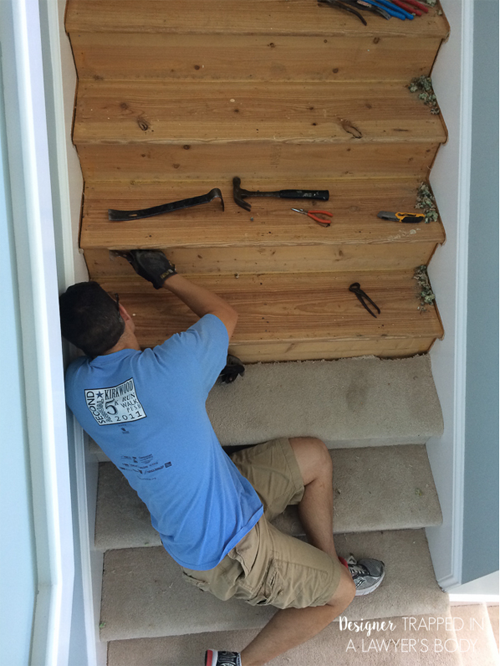 carpet staircase diy stairs wood install makeover stair treads replacing removing hardwood basement designertrapped looks floor installation step remodel easy