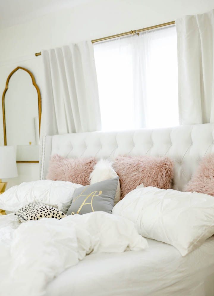 bedroom decor lady bedding tufted havenly bed pink pillows cute gold experience fluffy rooms headboard blush hauteofftherack fascinating yours stylish