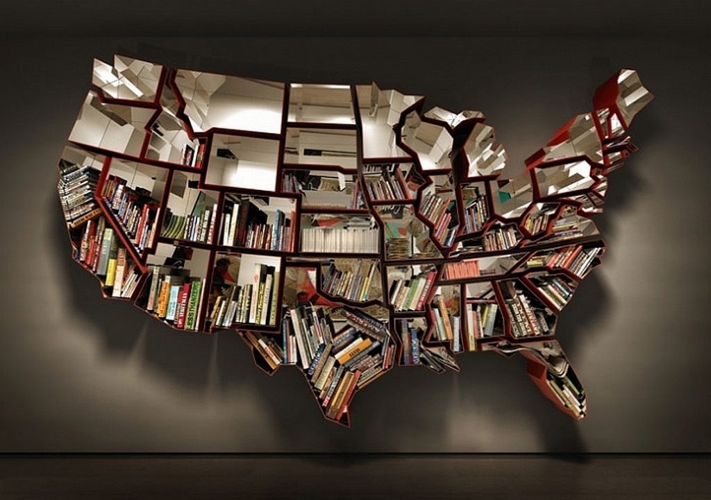 impressive-creative-book-shelves-completely-steal-with-map-bookcase-shape-design-and-gray-wall-idea