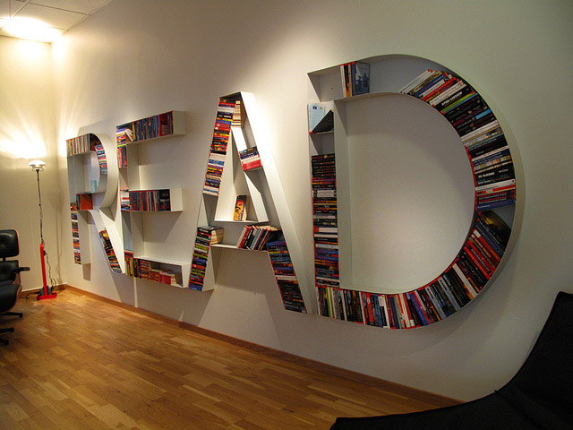 Stunning Home Library Bookshelf With Creative Design Letter Word