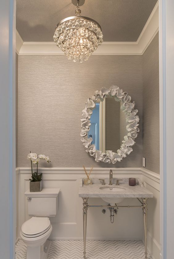 bathroom half bath powder room chandelier bling wallpaper bathrooms wall inspiration badezimmer luxury tips abbey robert small hamptons mirror elegant