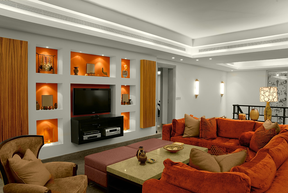 burnt-orange-sofa-family-room-contemporary-with-accent-wall-ceiling-lighting