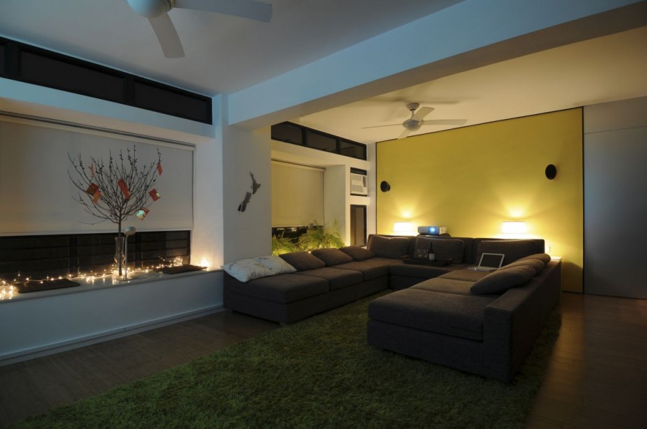 comfy-modern-brown-living-room-interior-design-with-white-recessed-lighting-plus-yellow-wall-color-accent