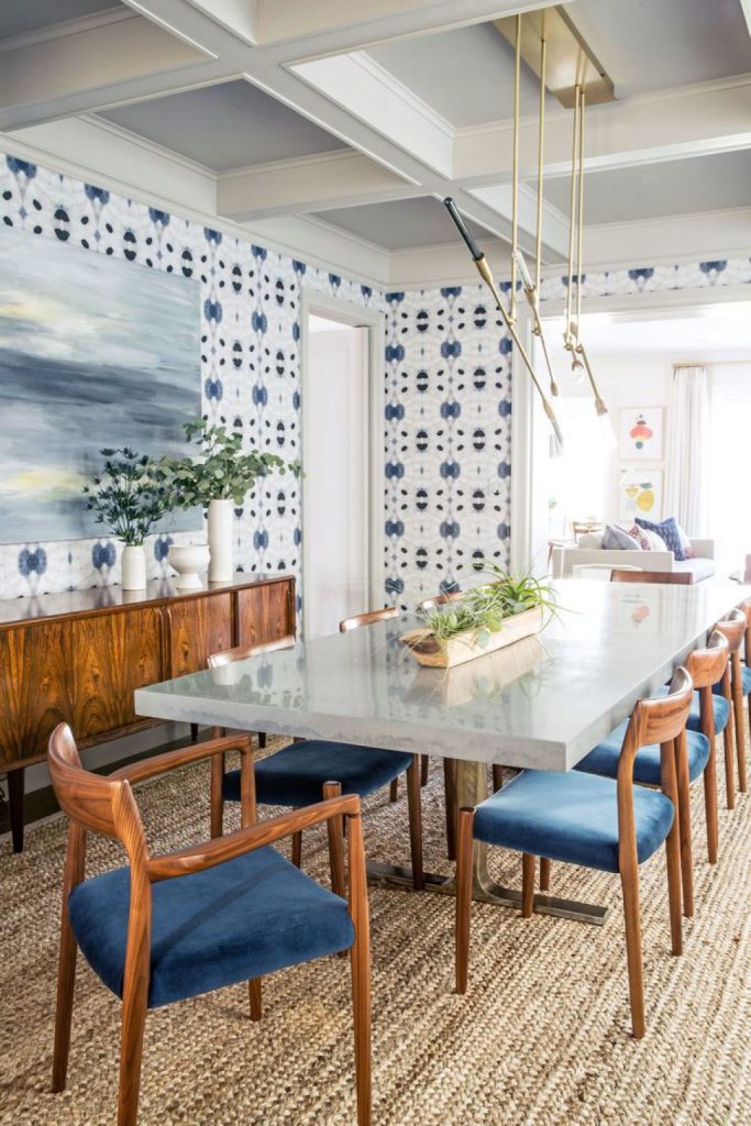 dining-room-with-wallpaper-and-coffered-ceiling