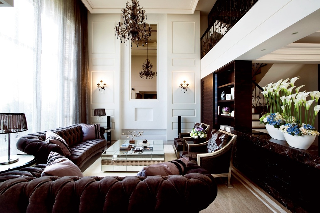 interior-decorating-ideas-for-living-room-with-high-ceiling-and-brown-leather-sofa-sets