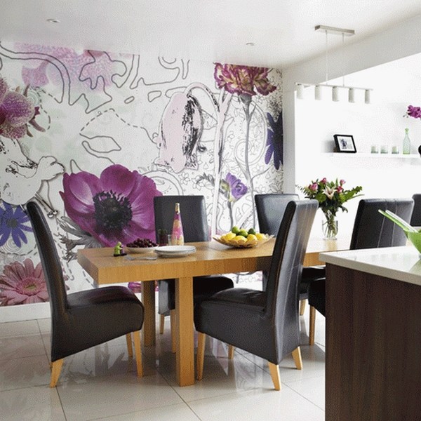 modern-dining-room-wallpaper-ideas-large-floral-pattern-black-dining-chairs-wooden-table