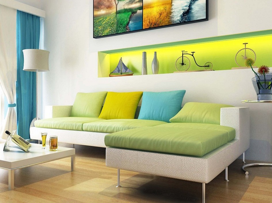 modern-white-living-room-with-green-illuminated-wall-niche-with-displays-featuring-avocado-green-sectional-couch
