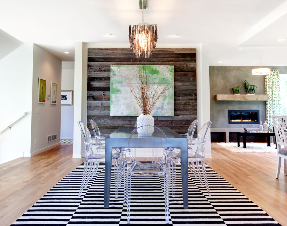 reclaimed-wood-walls-in-dining-room-contemporary-with-black-and-white-stripes-abstract-art