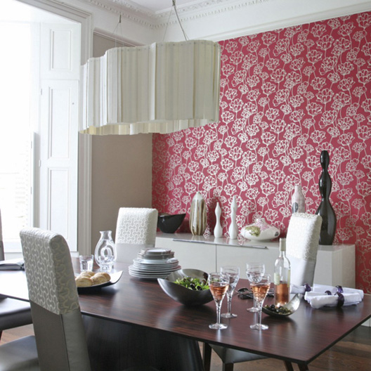 Dining room table chairs red floral feature wall wallpaper designer pendant lampshade real home L etc 09/2007 not used