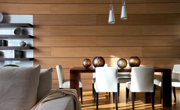 wood-panels-dining-room-wall-design-elegant-white-chairs