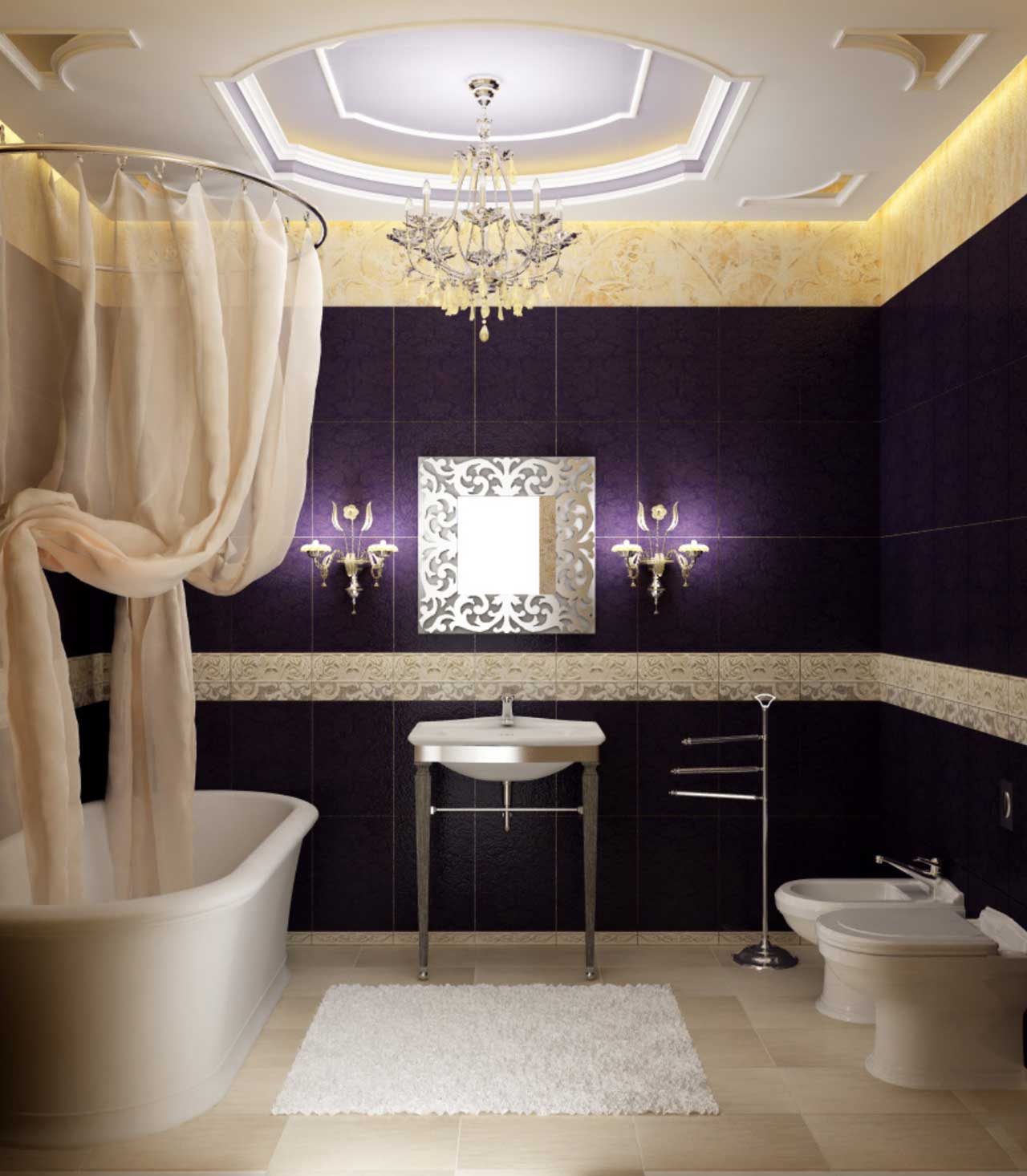 Glamorous Purple White And Beige Bathroom Design Ideas For Houses With Beautiful Curtains Design And White Impressive White Sink Idea Also Luxury